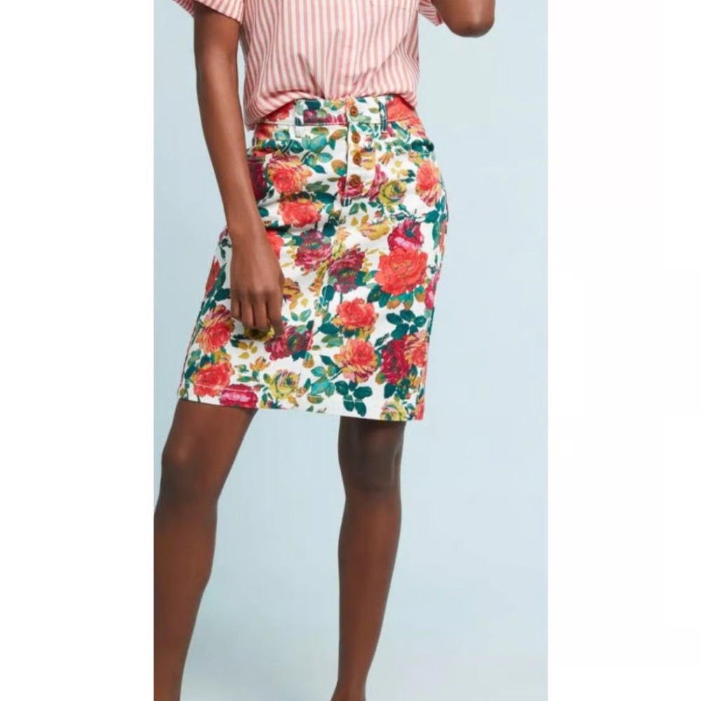 Anthropologie Maeve Floral Denim Pencil Skirt